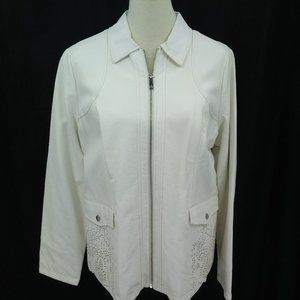 Dennis Basso Size Large Coat Faux Leather Winter White Full Zip